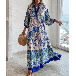 Boho Floral Print Cotton Notched Neck Lantern Sleeve Flowy Maxi Dress